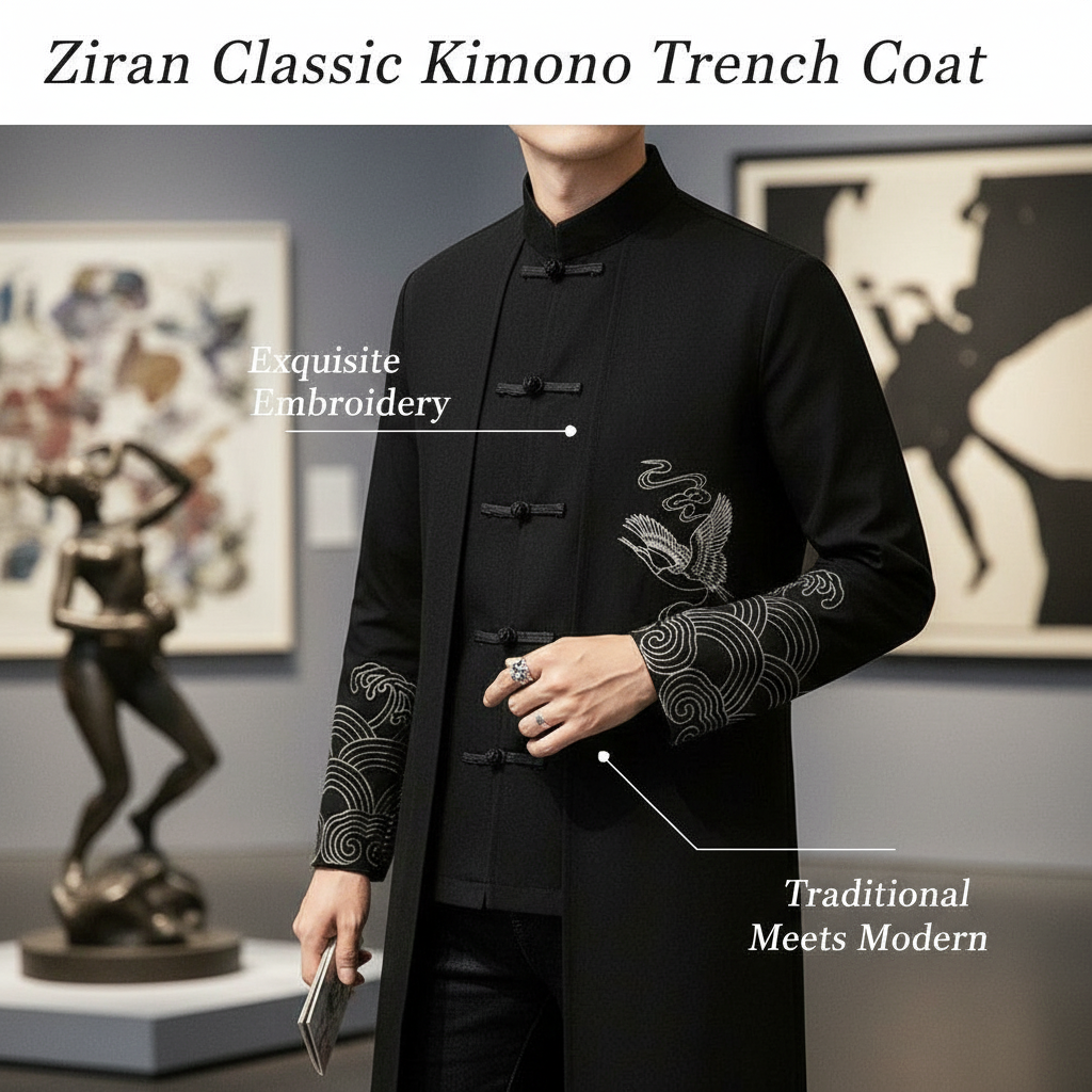 Ziran Classic Black Kimono Trench Coat